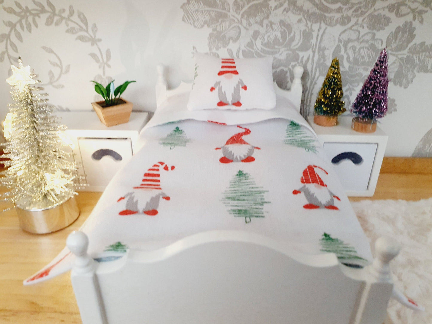 Dolls House Christmas Junior Bedding Set – Gonk Santa Pillow & Red Cushion, Handmade in England, 1:12 Scale
