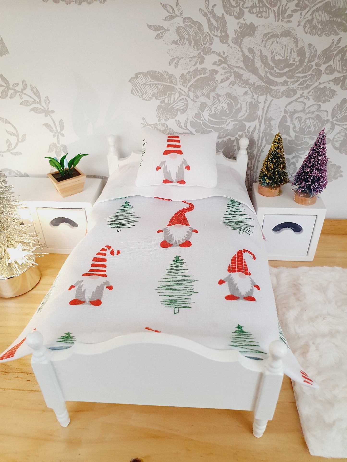 Dolls House Christmas Junior Bedding Set – Gonk Santa Pillow & Red Cushion, Handmade in England, 1:12 Scale
