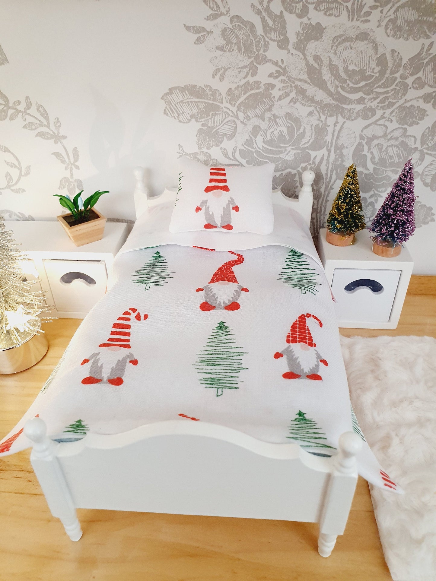 Dolls House Christmas Junior Bedding Set – Gonk Santa Pillow & Red Cushion, Handmade in England, 1:12 Scale
