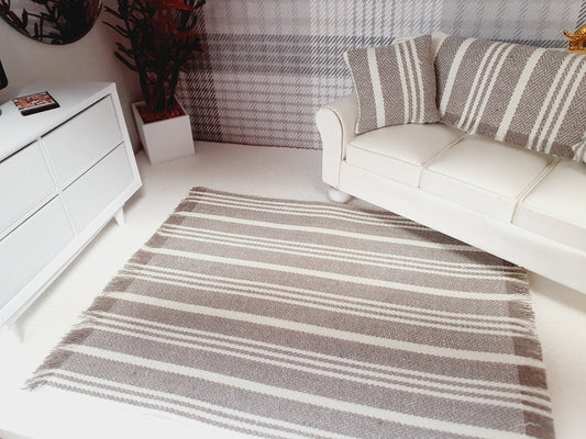 Dolls House Dark Beige & Cream Striped Rug, 1:12th Scale, Miniature Rug, Linen Effect