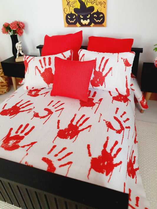 Dolls house Halloween 6 piece set, Double bedding, White with Red blood hand prints, 12th scale bedding, miniature bed set