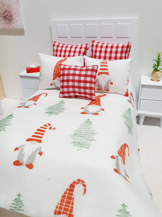 Dolls house Christmas 6 piece bedding set, Double bedding, Christmas Gnomes, 12th scale bedding, miniature bed set