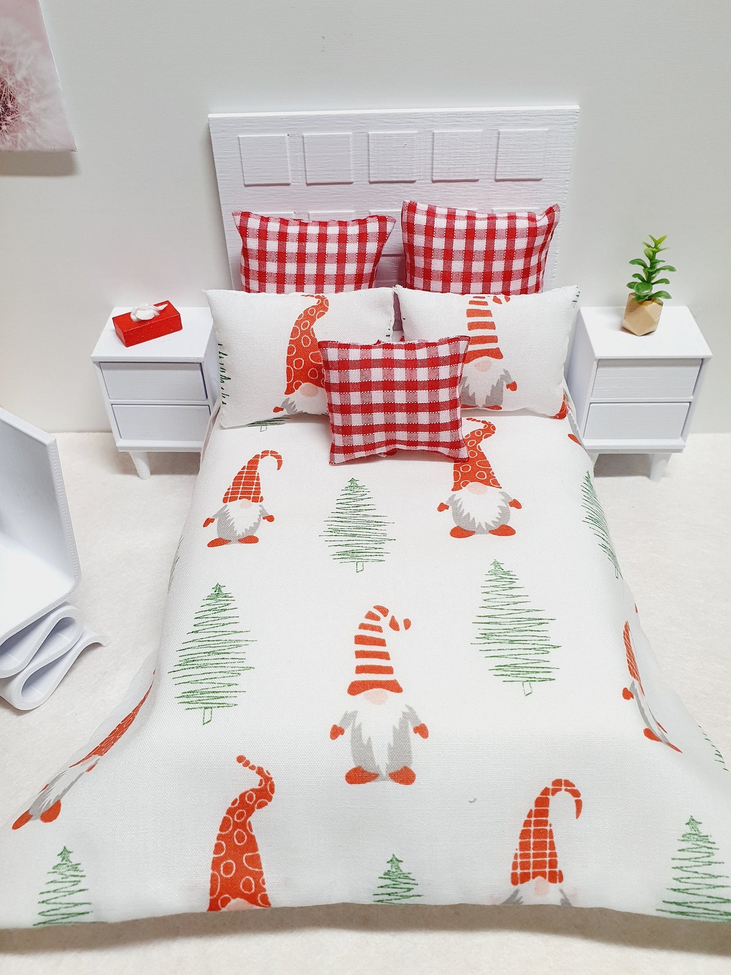 Dolls house Christmas 6 piece bedding set, Double bedding, Christmas Gnomes, 12th scale bedding, miniature bed set