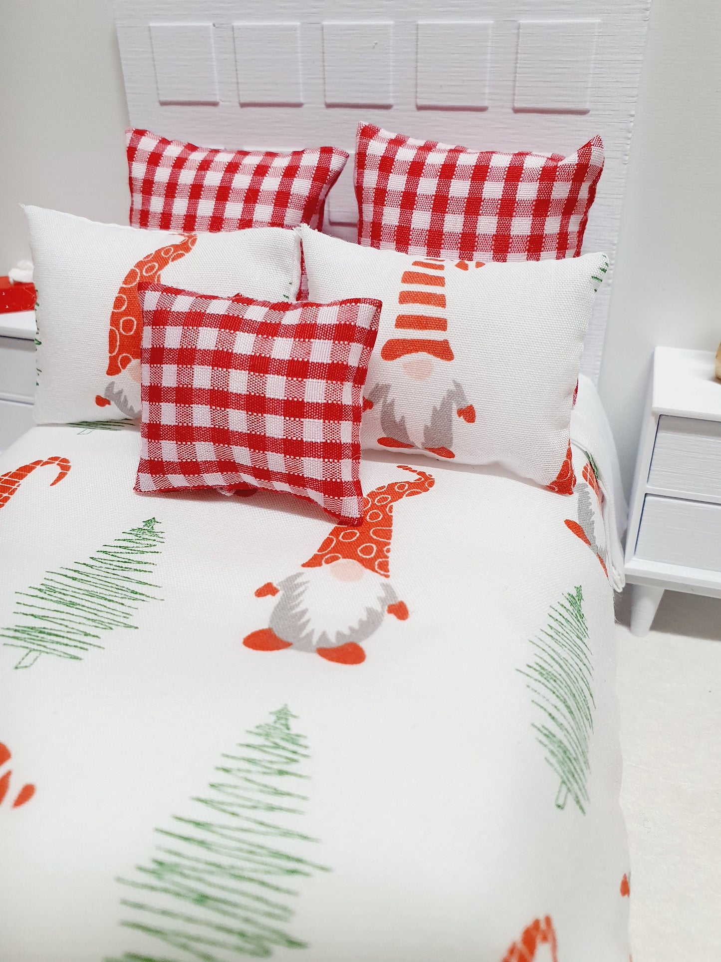Dolls house Christmas 6 piece bedding set, Double bedding, Christmas Gnomes, 12th scale bedding, miniature bed set