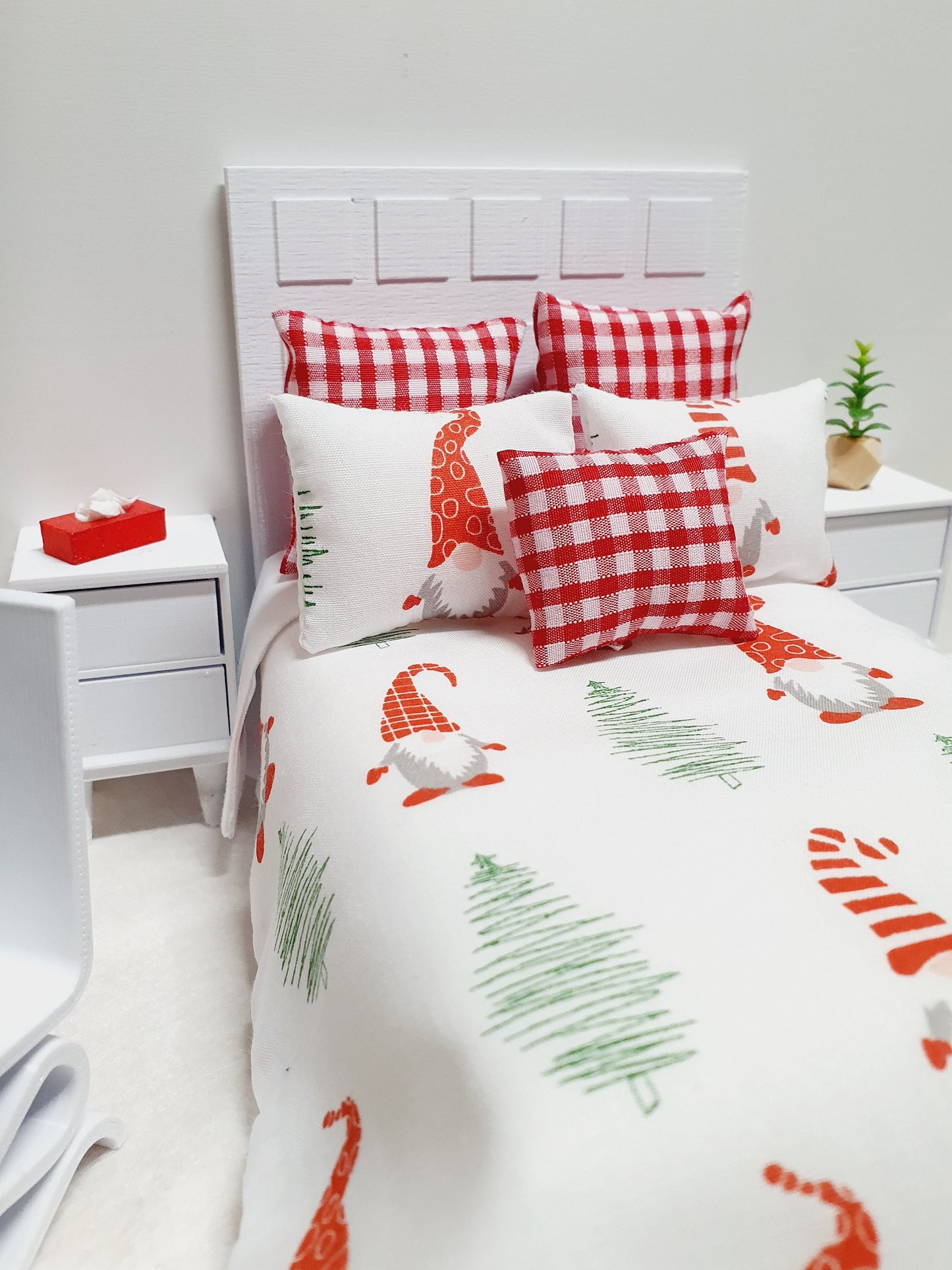 Dolls house Christmas 6 piece bedding set, Double bedding, Christmas Gnomes, 12th scale bedding, miniature bed set