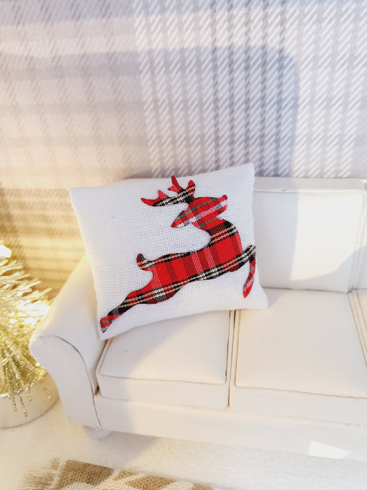 Dolls house Christmas Red or White Tartan reindeer cushion, 12th scale cushions, miniature cushion