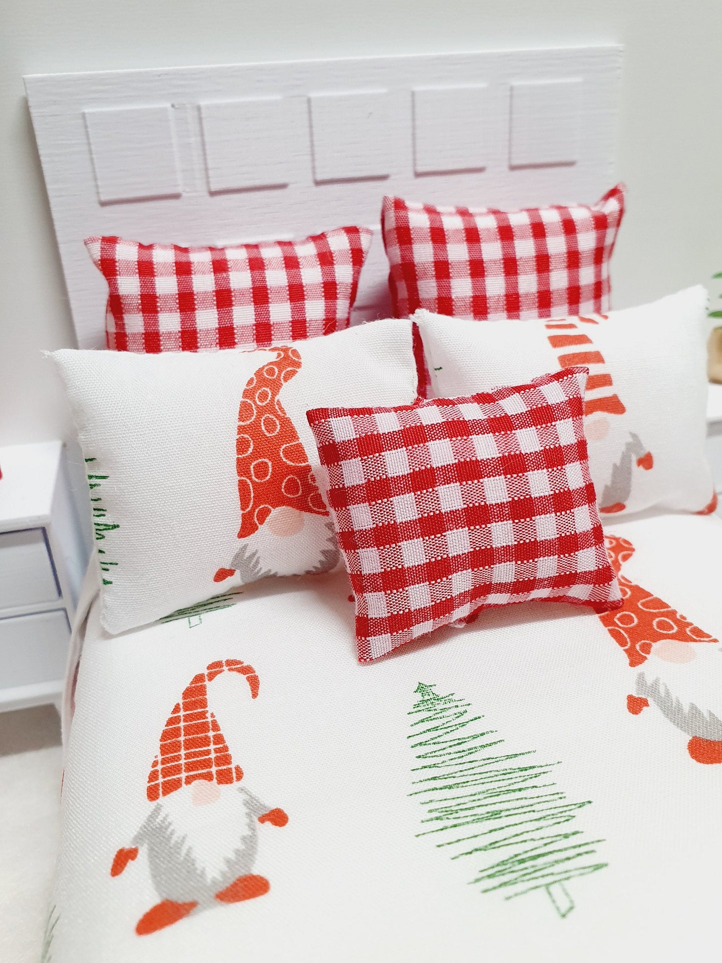 Dolls house Christmas 6 piece bedding set, Double bedding, Christmas Gnomes, 12th scale bedding, miniature bed set
