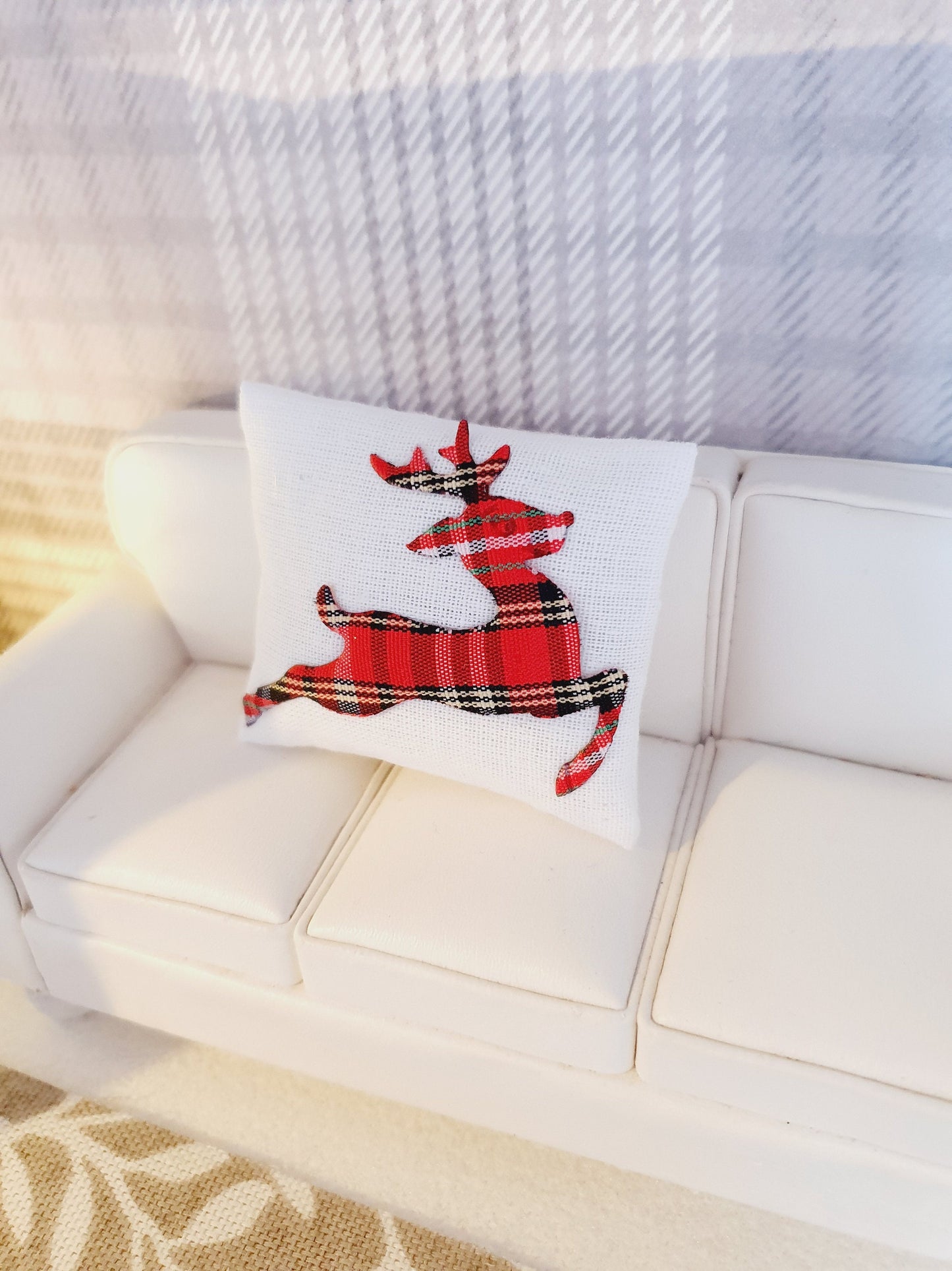 Dolls house Christmas Red or White Tartan reindeer cushion, 12th scale cushions, miniature cushion