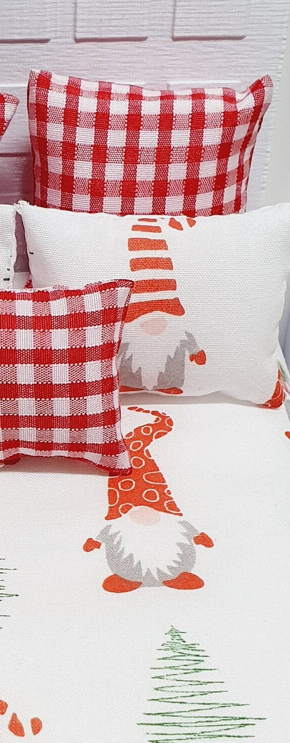 Dolls house Christmas 6 piece bedding set, Double bedding, Christmas Gnomes, 12th scale bedding, miniature bed set