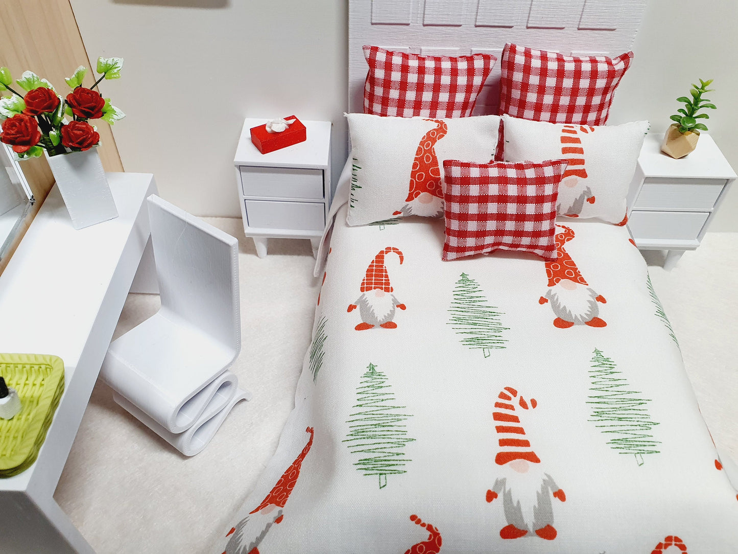 Dolls house Christmas 6 piece bedding set, Double bedding, Christmas Gnomes, 12th scale bedding, miniature bed set