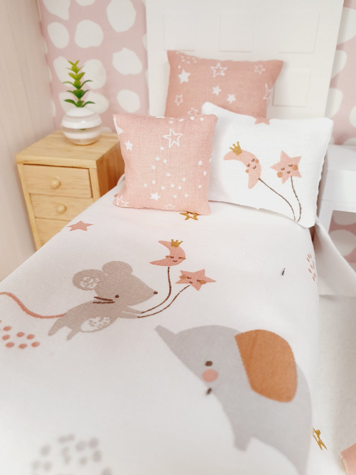 Dolls House Junior Bedding Set – Pink Mouse & Elephant Theme, Handmade in England, 1:12 Scale