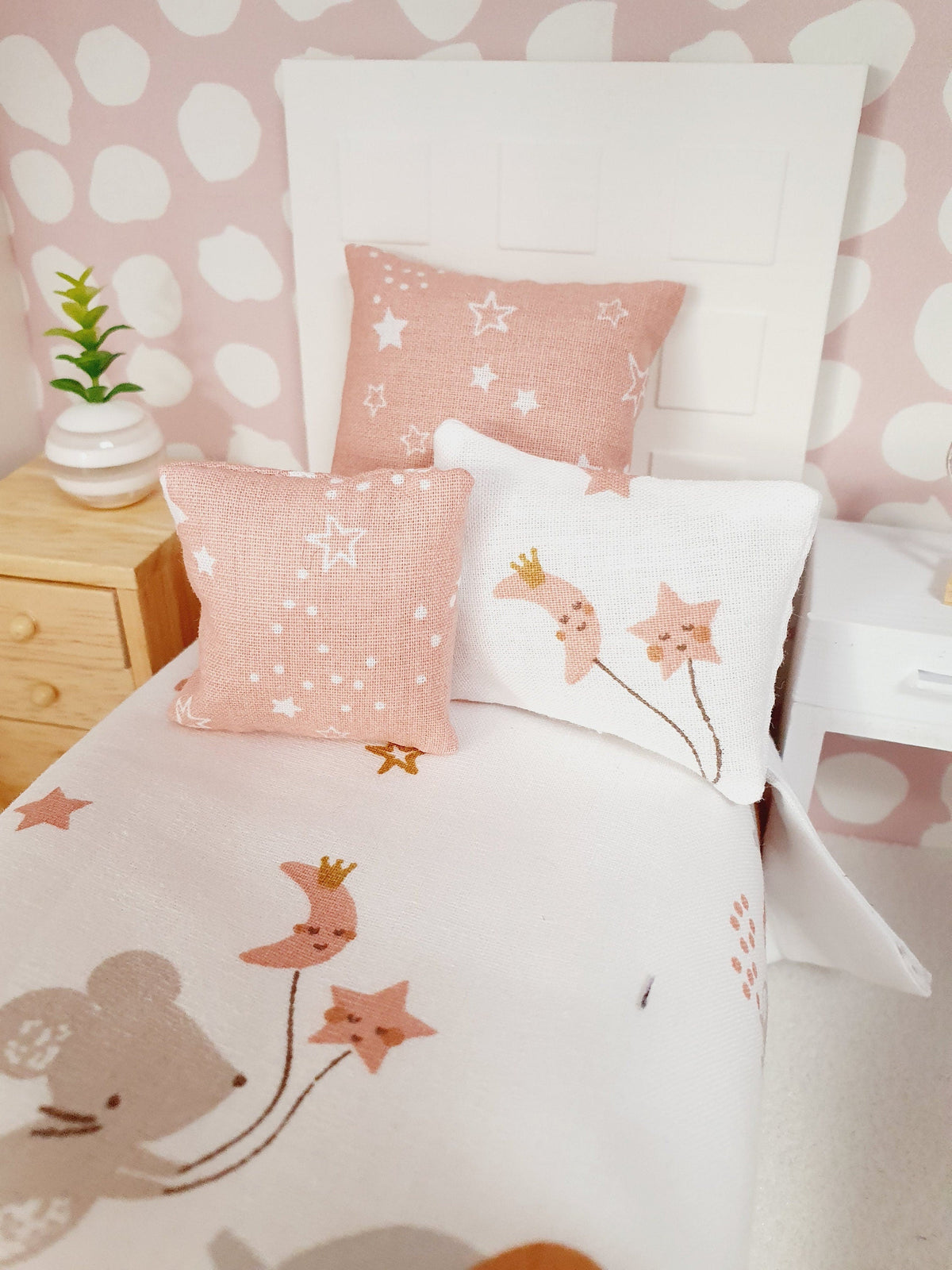 Dolls House Junior Bedding Set – Pink Mouse & Elephant Theme, Handmade in England, 1:12 Scale