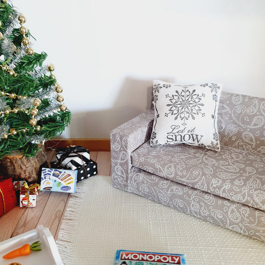 Dolls house Christmas Let it Snow Cushion, White with black Snowflake cushion, 12th scale cushions, miniature cushion