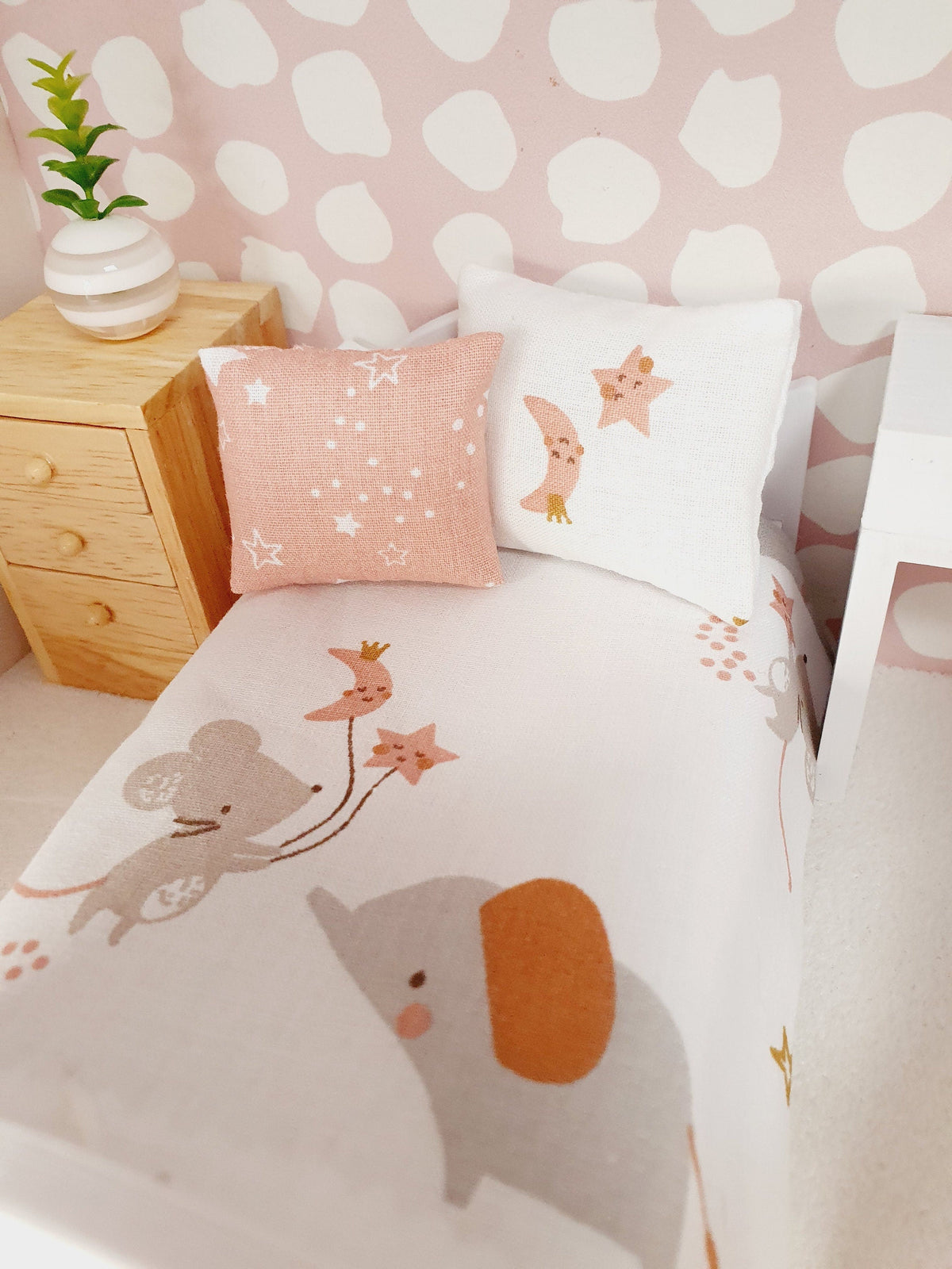 Dolls House Junior Bedding Set – Pink Mouse & Elephant Theme, Handmade in England, 1:12 Scale