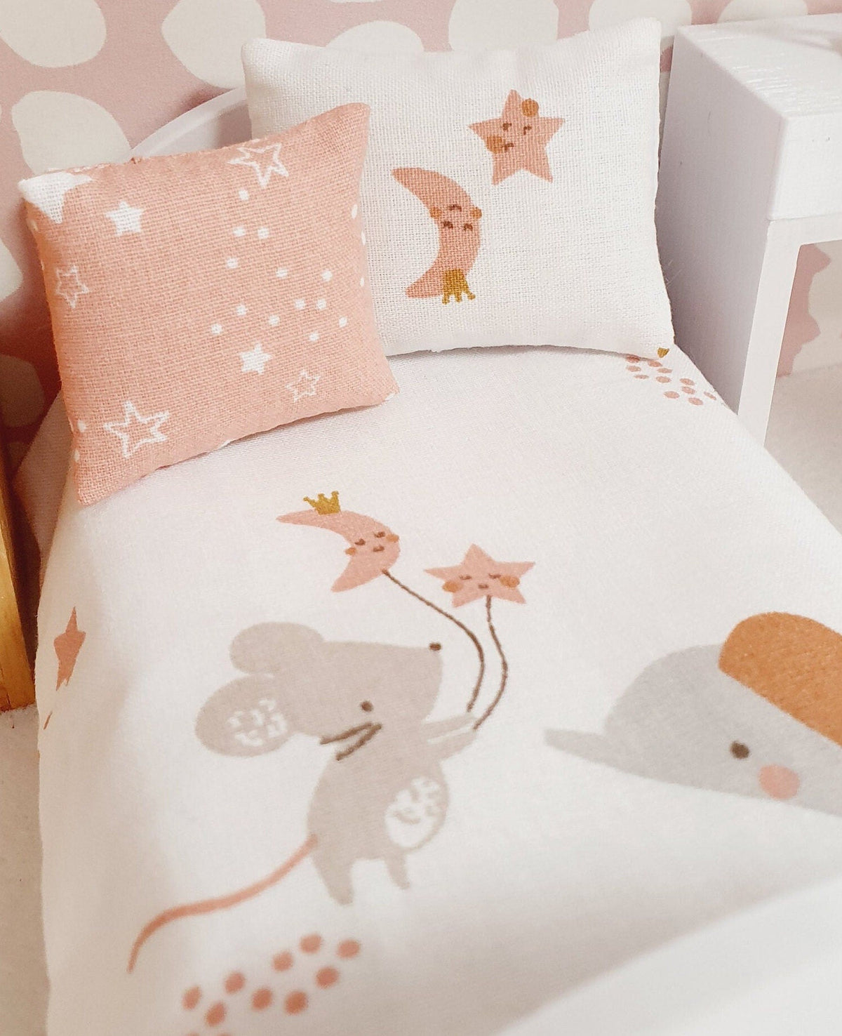 Dolls House Junior Bedding Set – Pink Mouse & Elephant Theme, Handmade in England, 1:12 Scale