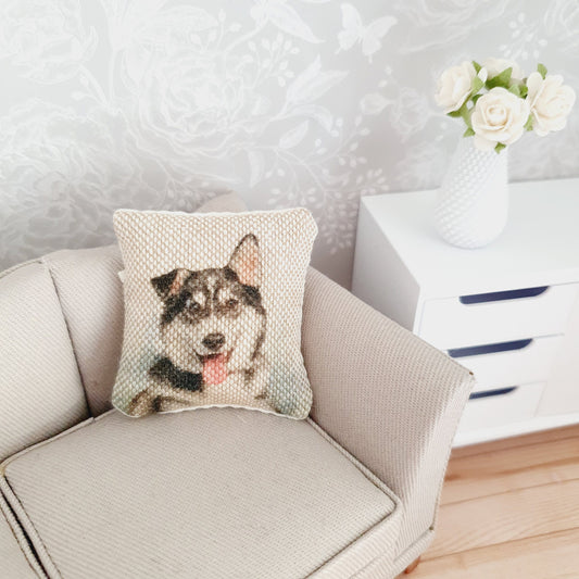 Dolls house Husky Dog cushion, Cute Husky cushion, 12th scale cushions, miniature cushion