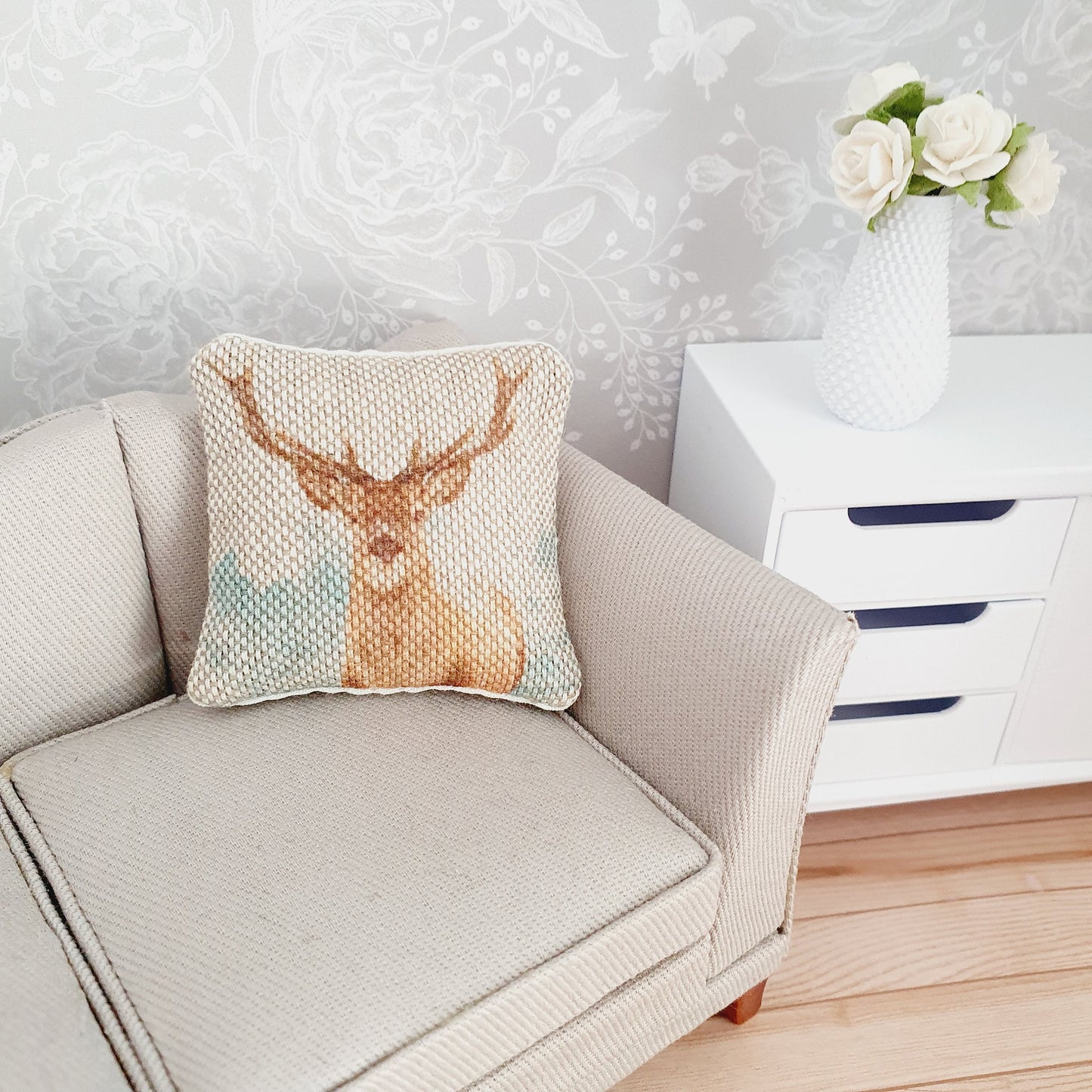 Dolls house 1x Stag cushion, Cute Stag cushion, 12th scale cushions, miniature cushion