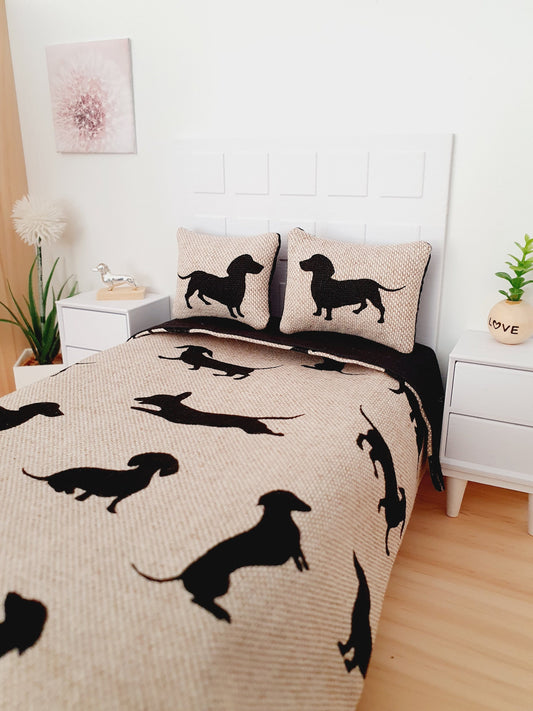 Dolls house 12th Scale 5 piece Sausage Dog Double Bedding set, miniature bed set, fun bedding