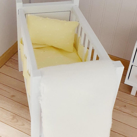 Dolls House Cot Bedding Set – Yellow Polka Dot Design, Handmade in England, 1:12 Scale