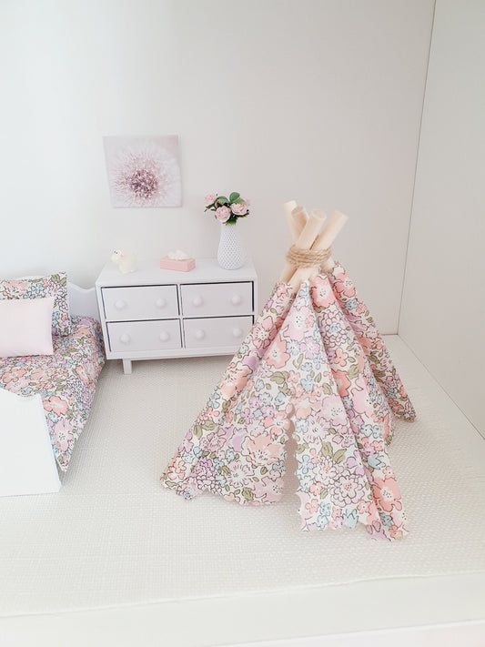 Dolls house Pretty Pink Liberty TeePee / Tent, Michelle Pink Fabric, 12th scale tent, miniature teepee, Tipi, Tent