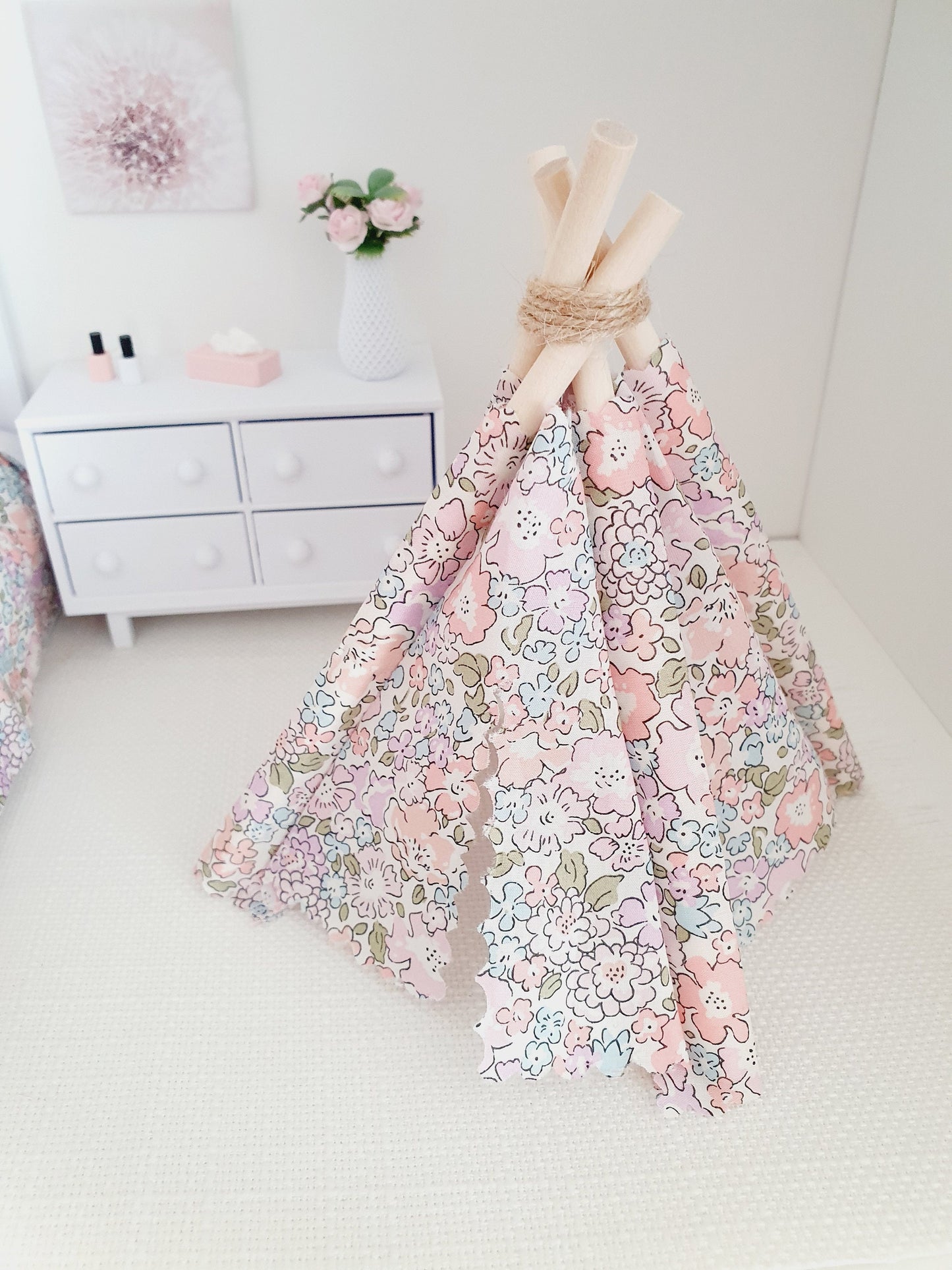 Dolls house Pretty Pink Liberty TeePee / Tent, Michelle Pink Fabric, 12th scale tent, miniature teepee, Tipi, Tent