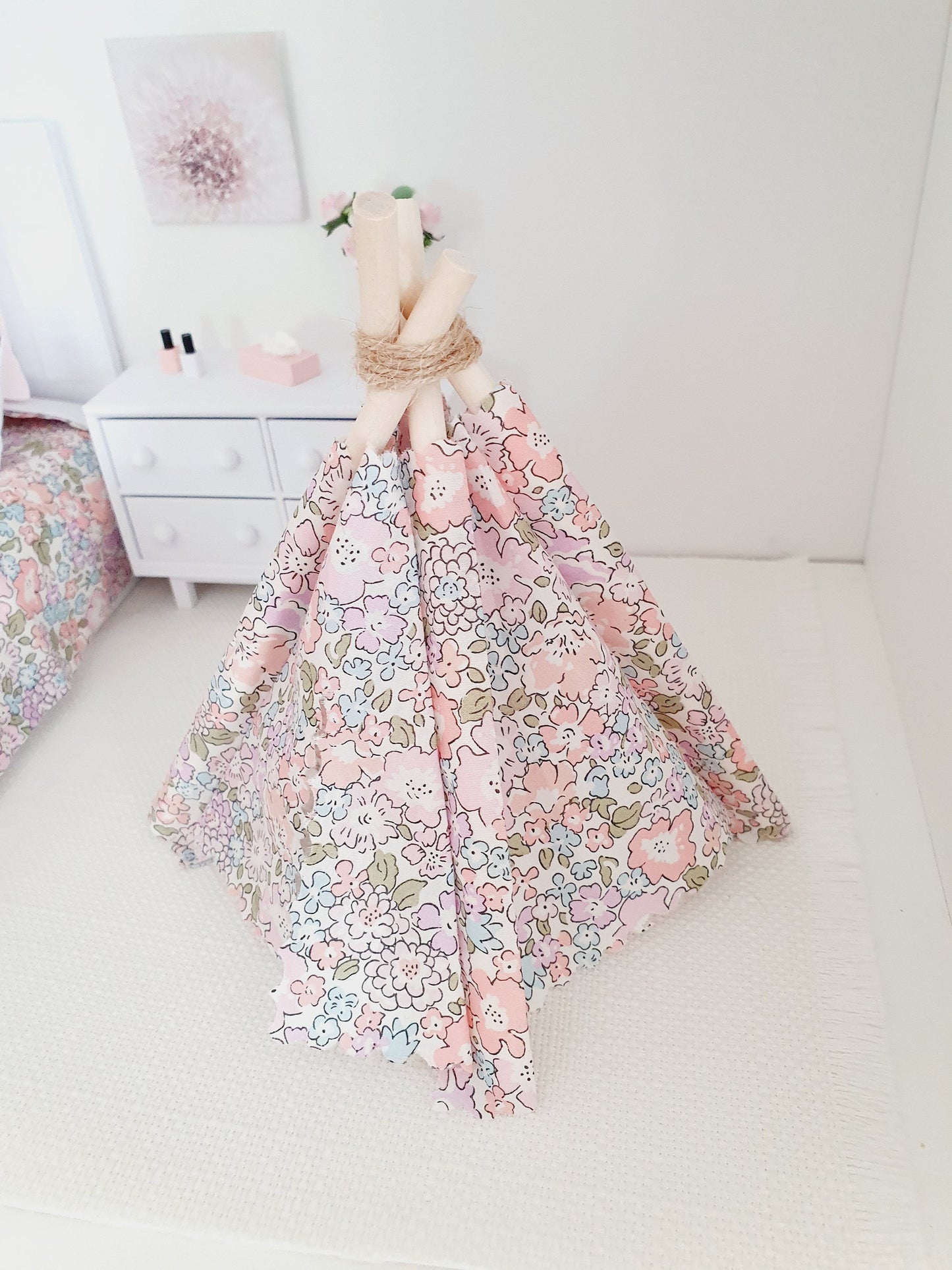 Dolls house Pretty Pink Liberty TeePee / Tent, Michelle Pink Fabric, 12th scale tent, miniature teepee, Tipi, Tent