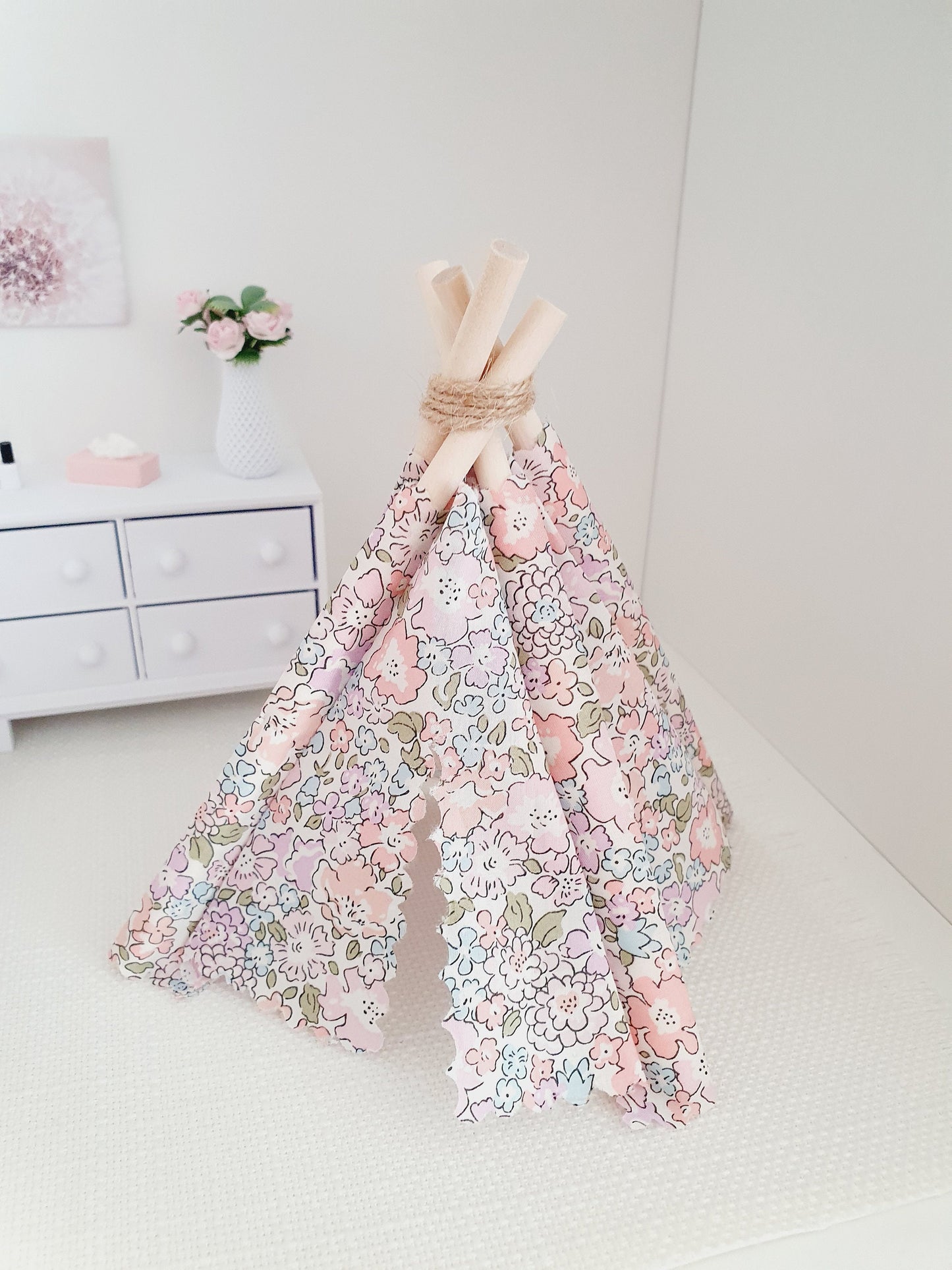 Dolls house Pretty Pink Liberty TeePee / Tent, Michelle Pink Fabric, 12th scale tent, miniature teepee, Tipi, Tent