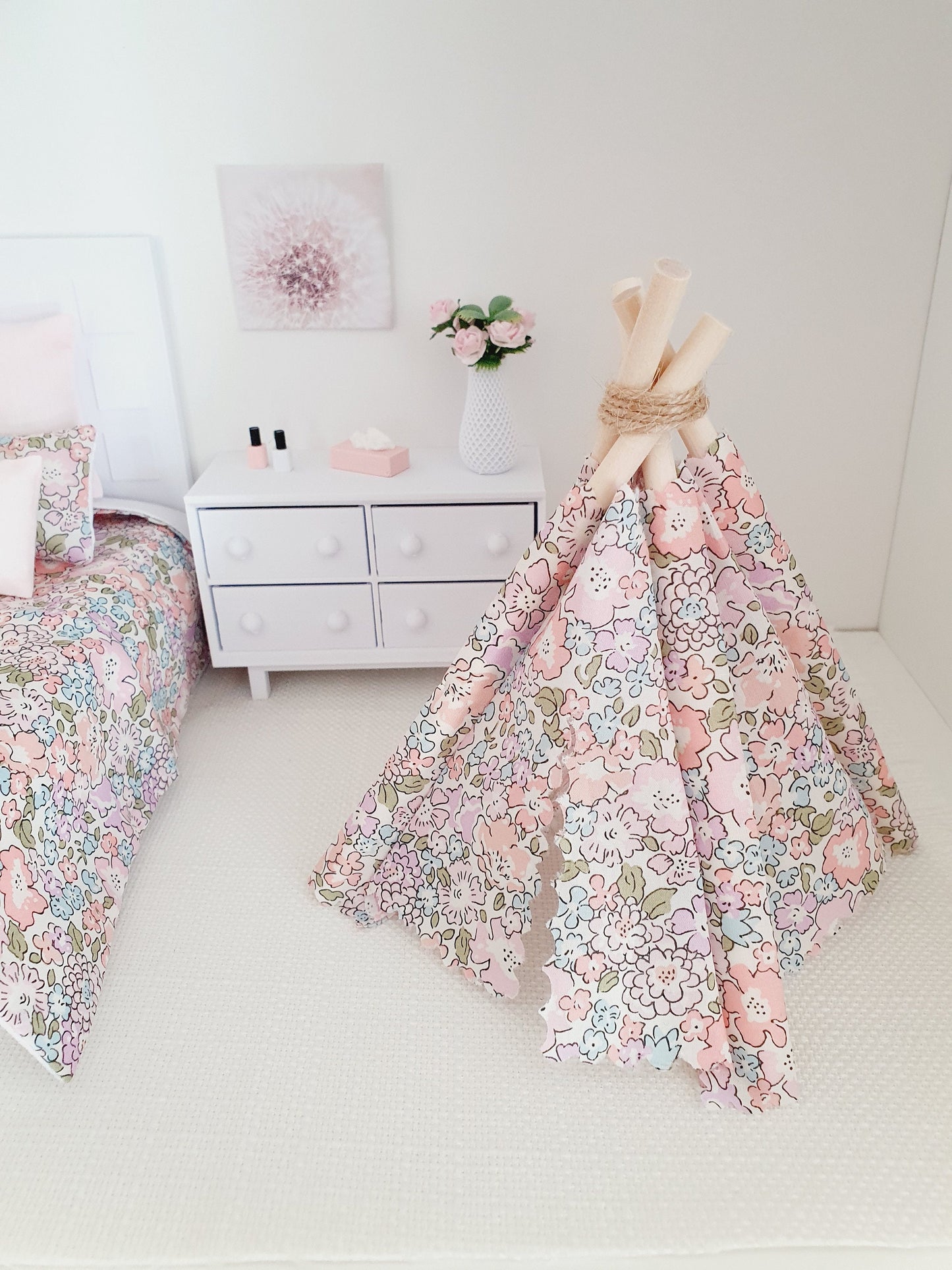 Dolls house Pretty Pink Liberty TeePee / Tent, Michelle Pink Fabric, 12th scale tent, miniature teepee, Tipi, Tent
