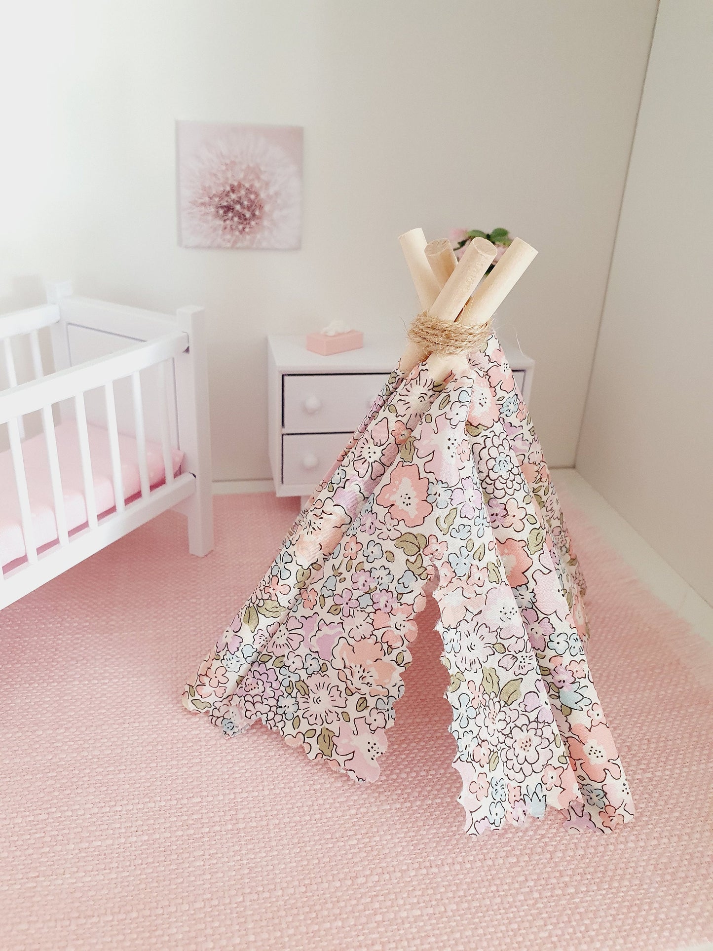 Dolls house Pretty Pink Liberty TeePee / Tent, Michelle Pink Fabric, 12th scale tent, miniature teepee, Tipi, Tent