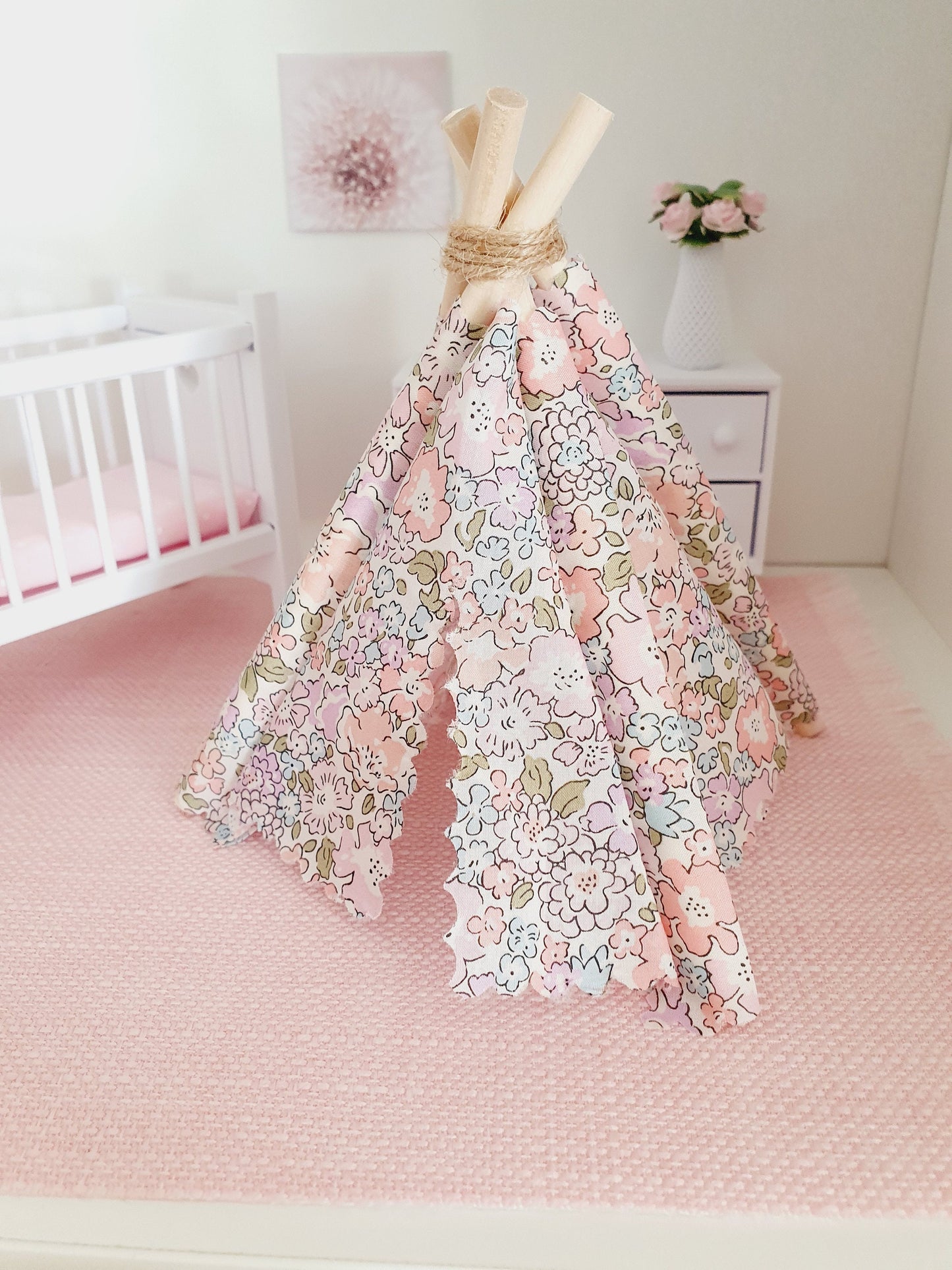 Dolls house Pretty Pink Liberty TeePee / Tent, Michelle Pink Fabric, 12th scale tent, miniature teepee, Tipi, Tent