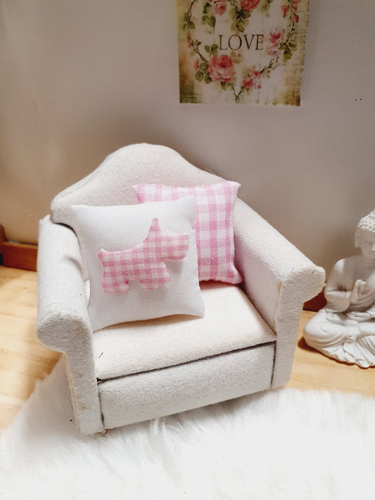 Dolls house Cushion Pair | Scottie Dog Pink Check Cushions | 12th scale cushions, miniature cushions