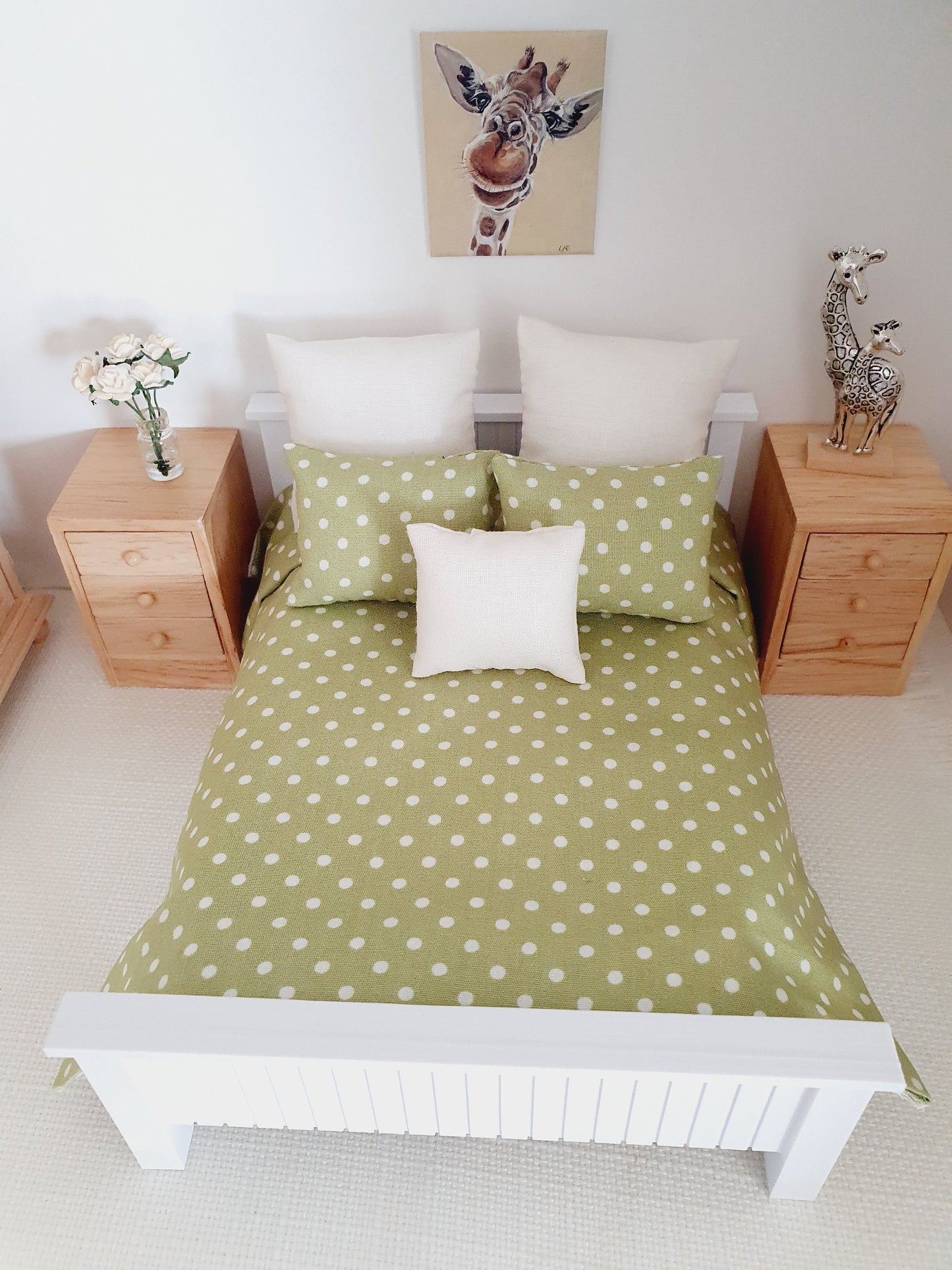 Dolls house 6 piece set, Double bedding, Sage Green Polka Dot print, 12th scale bedding, miniature bed set