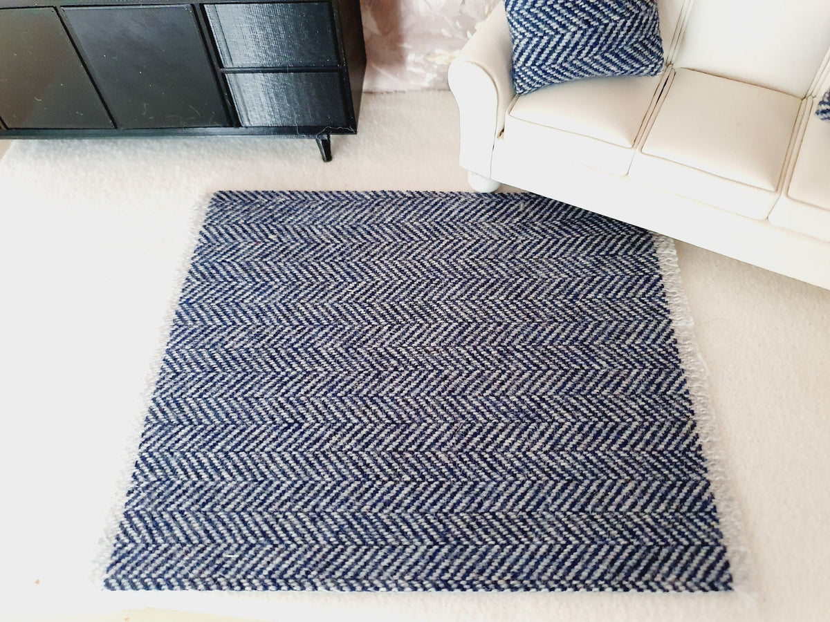 Dolls House Navy Herringbone Rug,  1:12th Scale, Miniature Rug