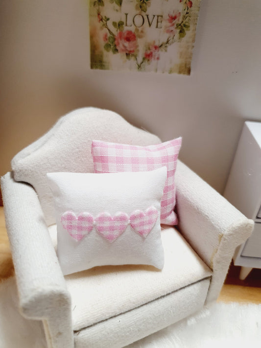 Dolls house 2x cushions, 1x Pink check & 1x white with pink check Love Hearts, 12th scale cushions, miniature cushions