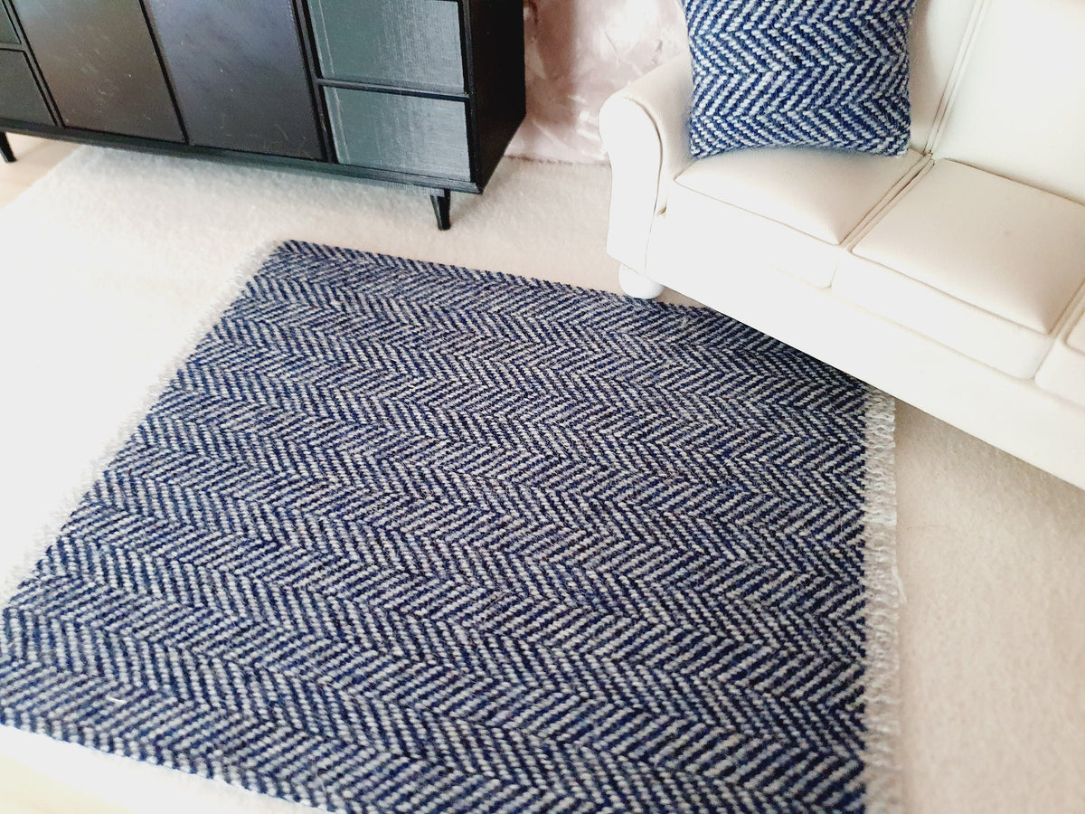Dolls House Navy Herringbone Rug,  1:12th Scale, Miniature Rug