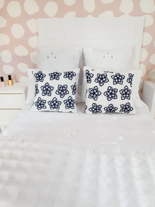 Dolls house Pair White & Black Flower Cushions | 12th scale cushions, miniature cushions
