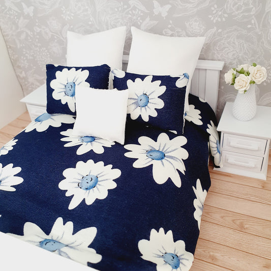 Dolls house Navy Floral 6 piece set, Double bedding, pretty large white flowers, 12th scale bedding, miniature bed set