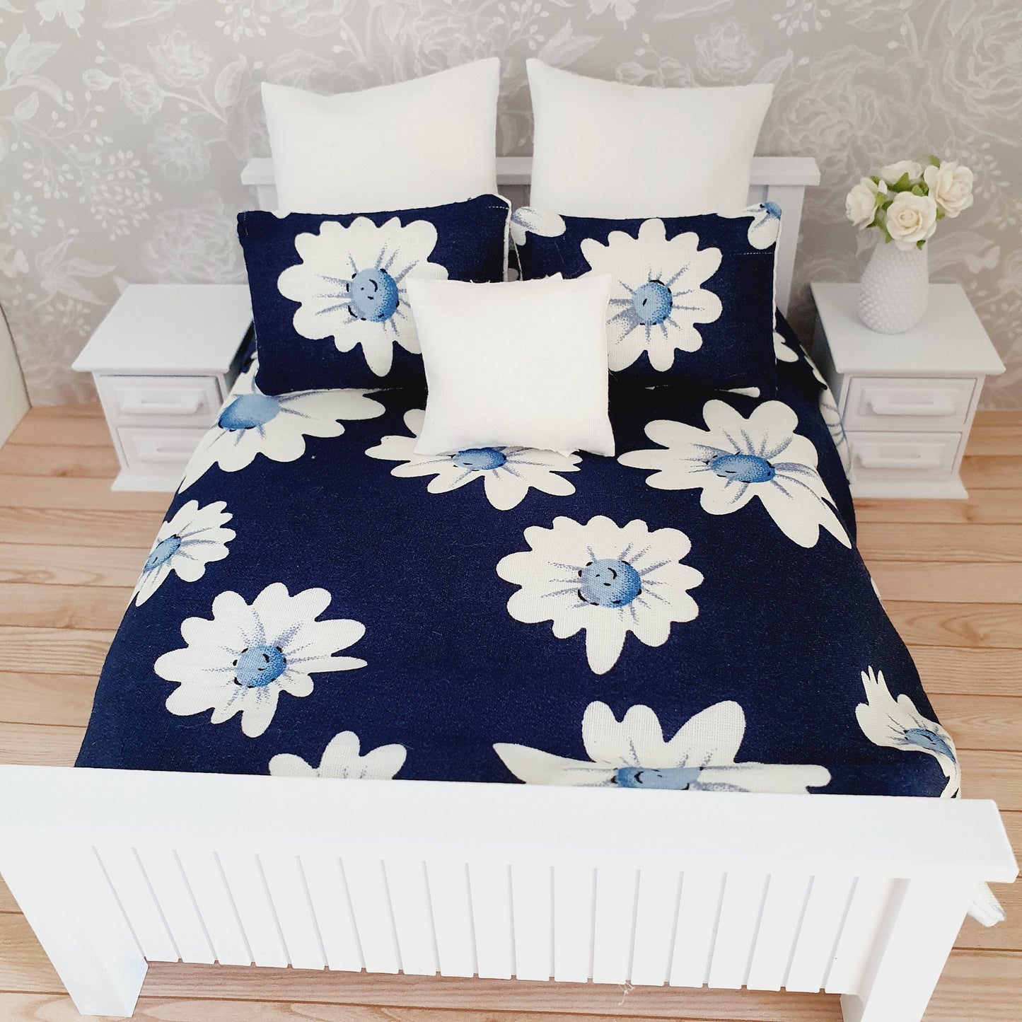 Dolls house Navy Floral 6 piece set, Double bedding, pretty large white flowers, 12th scale bedding, miniature bed set