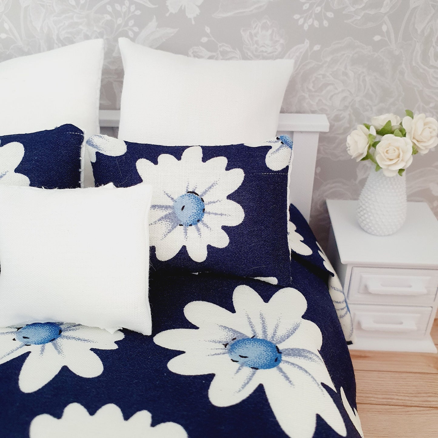 Dolls house Navy Floral 6 piece set, Double bedding, pretty large white flowers, 12th scale bedding, miniature bed set