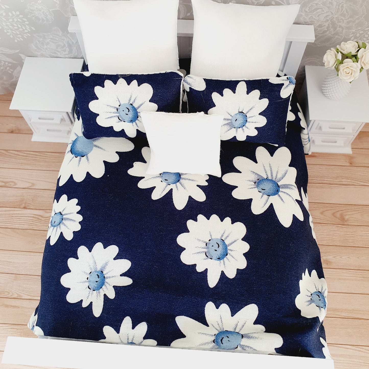 Dolls house Navy Floral 6 piece set, Double bedding, pretty large white flowers, 12th scale bedding, miniature bed set