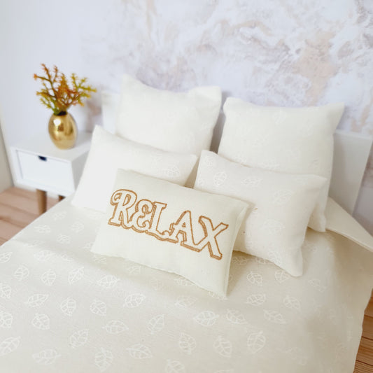 Dolls House 1x Cute Cream & Gold Relax Cushion, 12th scale cushion, miniature cushion