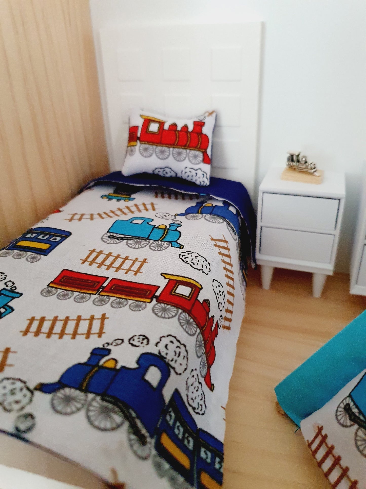 Dolls house Single Train bedding Set, Children's 12th scale bedding, miniature bed set