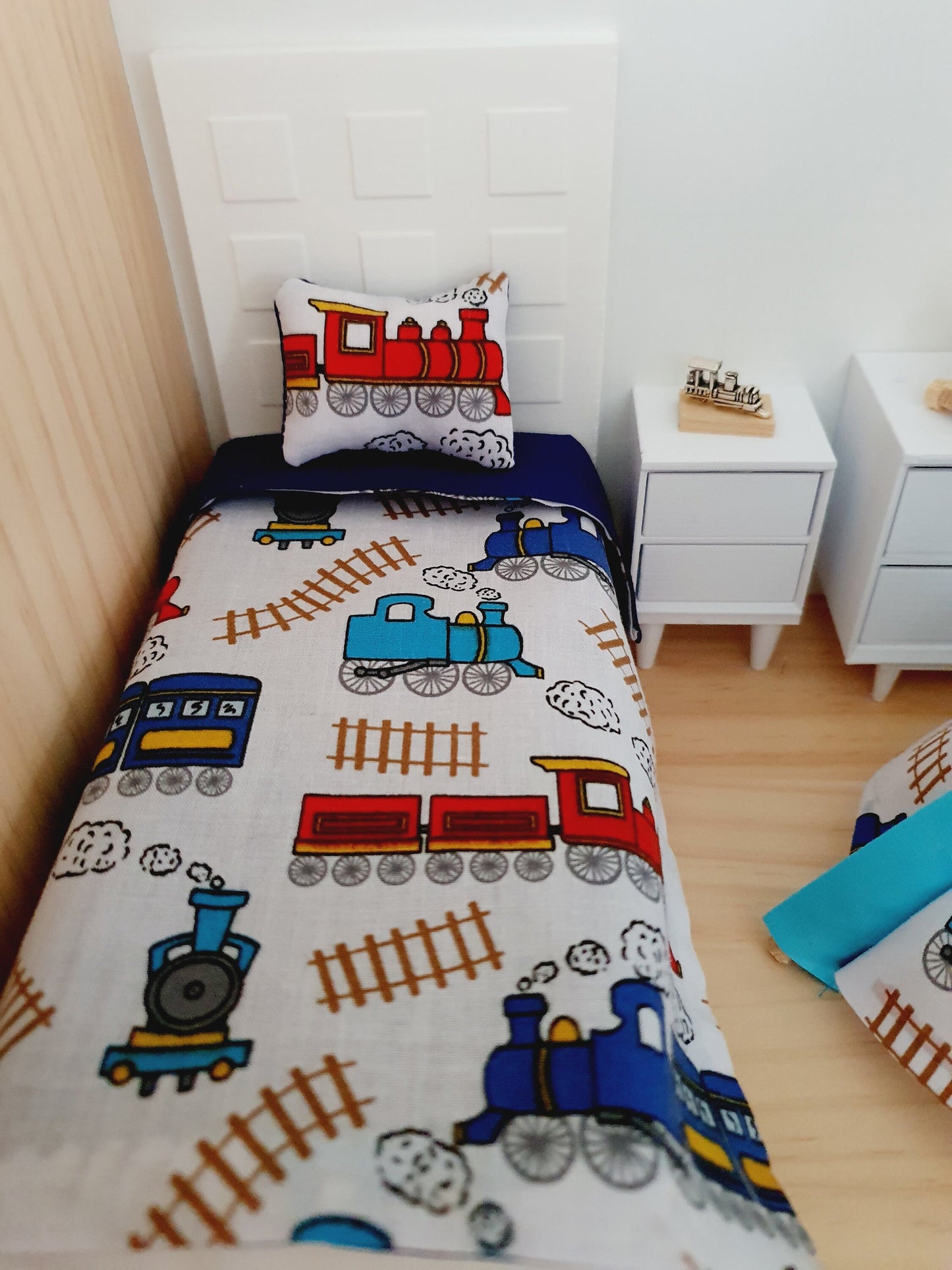 Dolls house Single Train bedding Set, Children's 12th scale bedding, miniature bed set