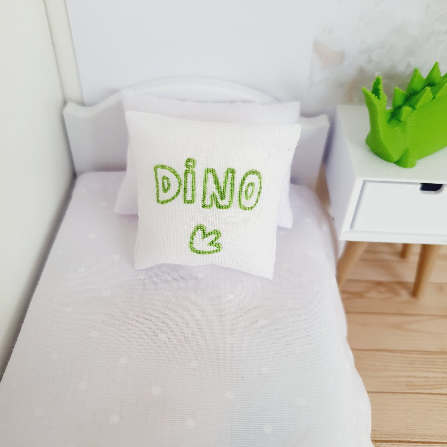 Dolls house Dinosaur Cushion | Green and White | 12th scale cushions, miniature cushions