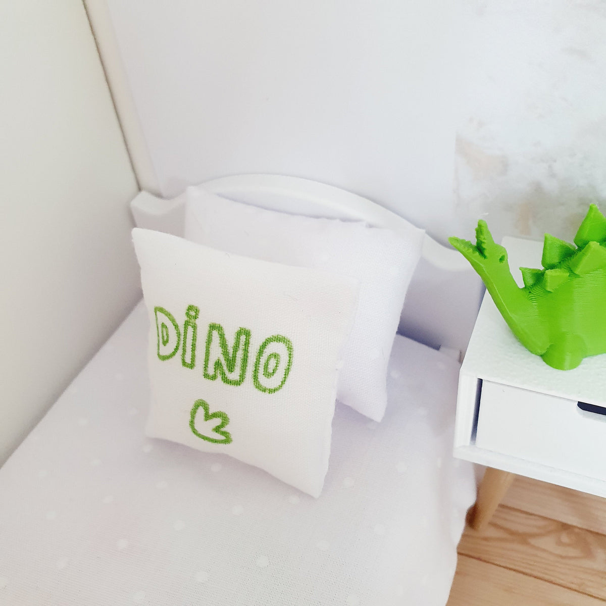 Dolls house Dinosaur Cushion | Green and White | 12th scale cushions, miniature cushions