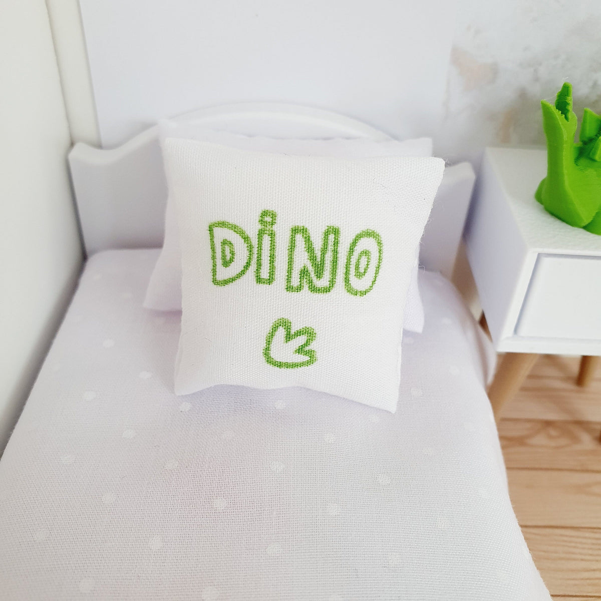 Dolls house Dinosaur Cushion | Green and White | 12th scale cushions, miniature cushions