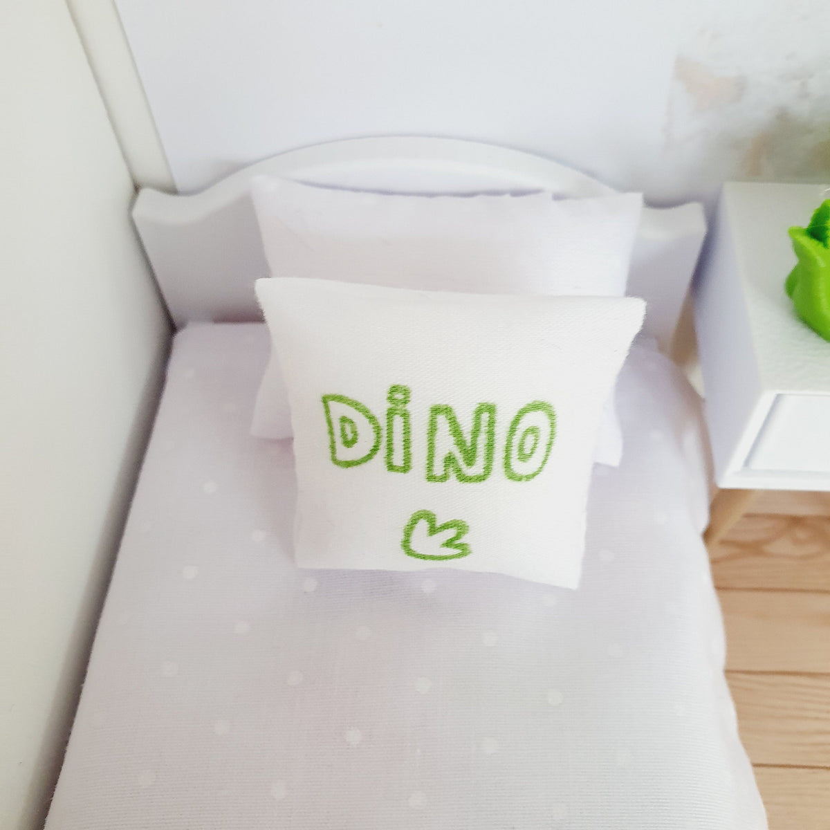 Dolls house Dinosaur Cushion | Green and White | 12th scale cushions, miniature cushions