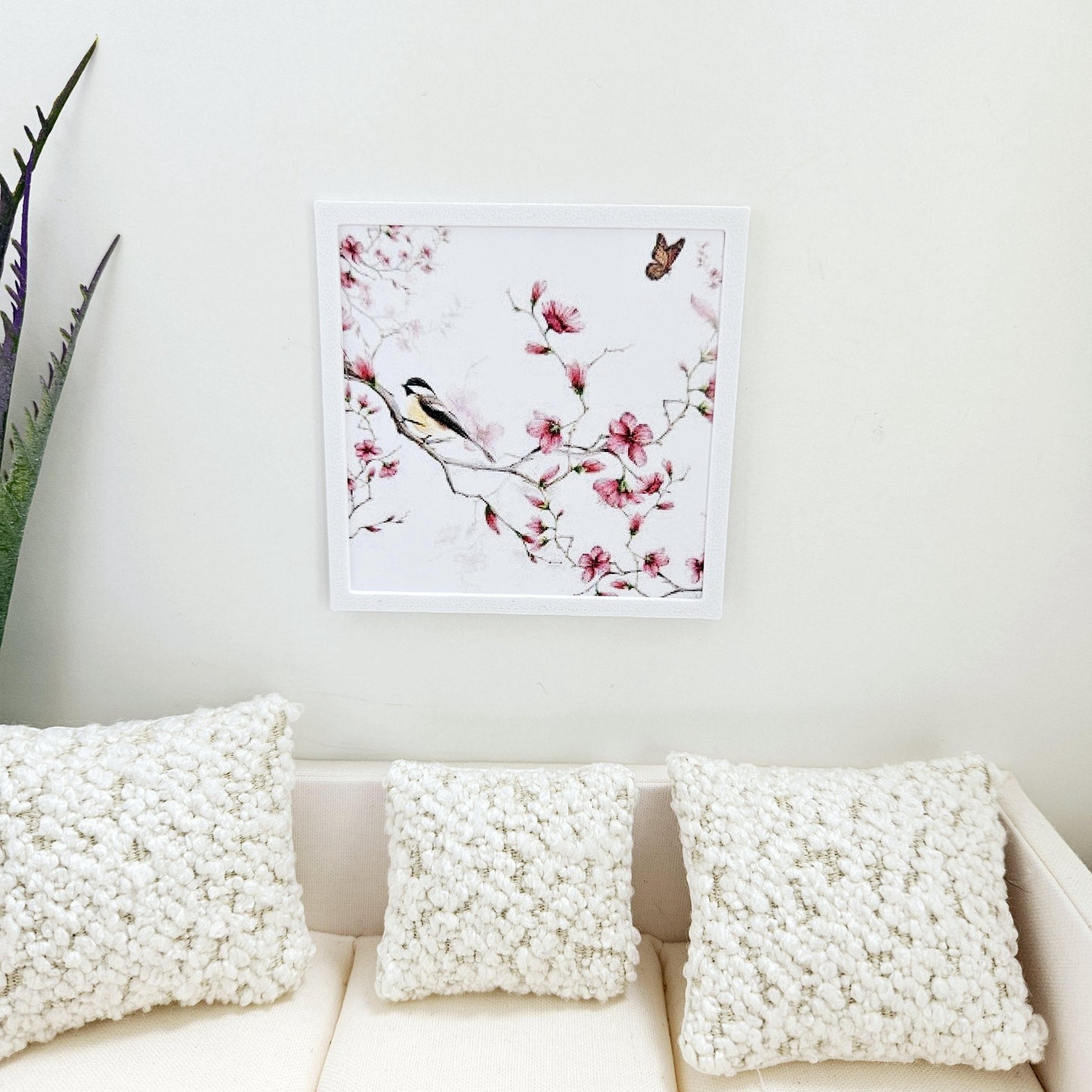 Dolls House Modern Framed Wall Art, Floral & Bird picture, 12th scale, miniature wall picture for any room