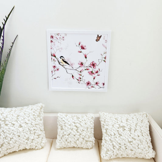 Dolls House Modern Framed Wall Art, Floral & Bird picture, 12th scale, miniature wall picture for any room