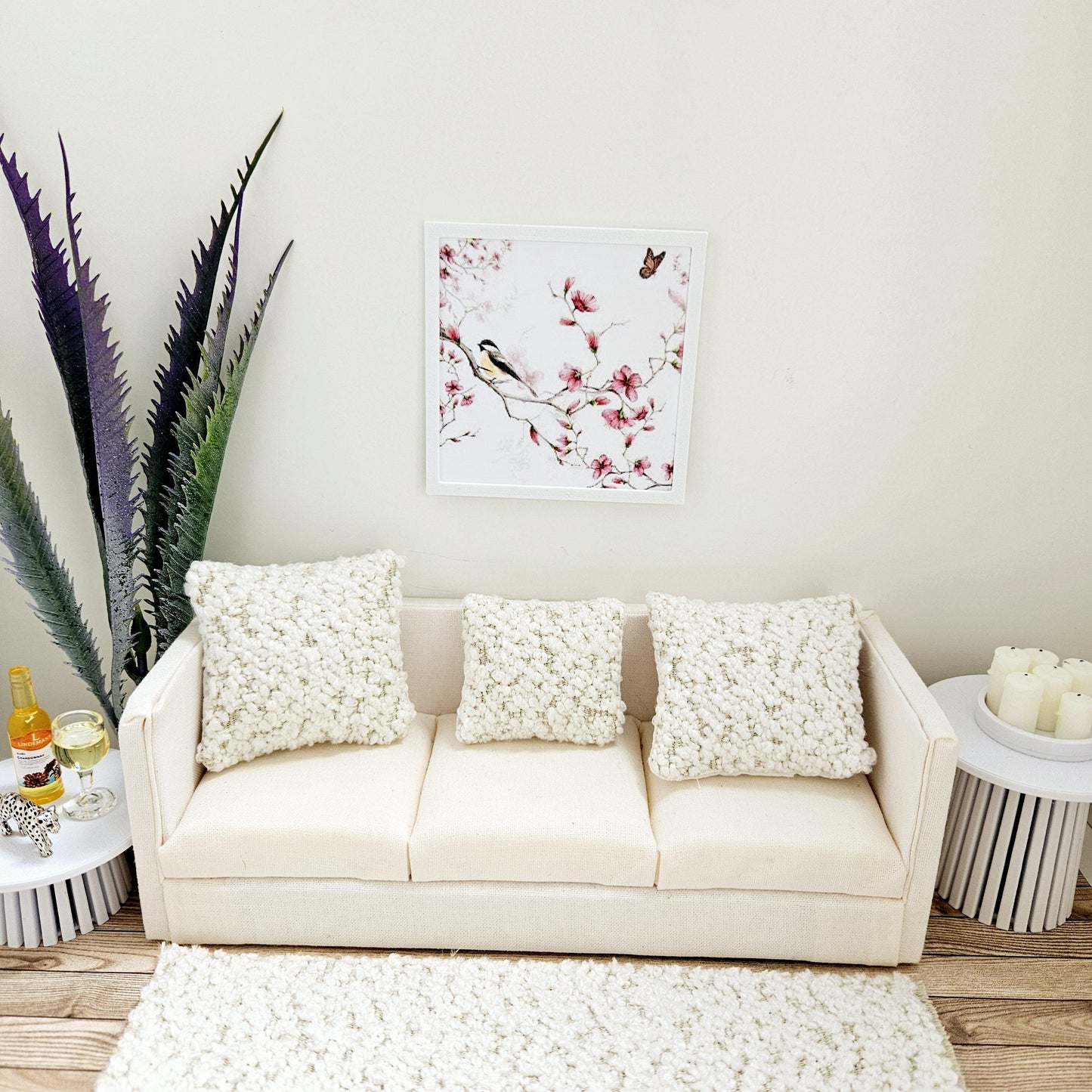 Dolls House Modern Framed Wall Art, Floral & Bird picture, 12th scale, miniature wall picture for any room